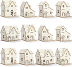 Hiboom 12 Pcs DIY Christmas Village Sets Wood Village Houses with Fence Christmas Mini Wooden House Gift for Winter Xmas Party Decorations