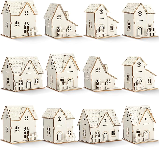Hiboom 12 Pcs DIY Christmas Village Sets Wood Village Houses with Fence Christmas Mini Wooden House Gift for Winter Xmas Party Decorations