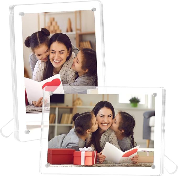 FIXSMITH 4x6 Acrylic Picture Frames 2 Pack, Clear Picture Frame with Stand, Magnetic Acrylic Photo Frames for Tabletop Display Horizontally or Vertically, Acrylic Floating Frame for Home Office