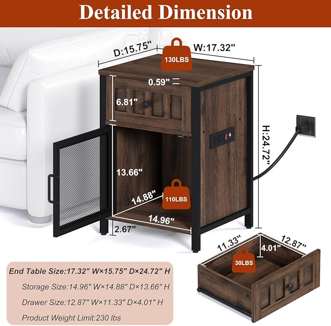 FATORRI End Table with Charging Station, Farmhouse Side Table with Drawer, Rustic Wood and Metal Nightstand and Bedside Tables for Living Room (Rustic Brown)