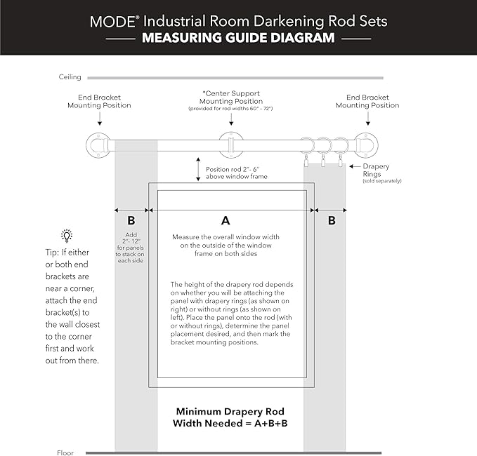 MODE Industrial Room Darkening Collection 1 1/8" Diameter Industrial Curtain Rod Set with Steel Wall Mounted Adjustable Curtain Rod, Blocks Light, Fits 36” to 72” Windows, Dark Brown