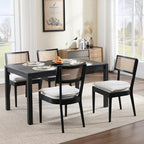 Rattan Dining Chairs Set Of 6 , Mid Century Modern Black Wooden Cane Back Chairs with Removable Sherpa Cushion , Retro Farmhouse Upholstered Kitchen & Dining Room Chairs for Restaurant Living Room
