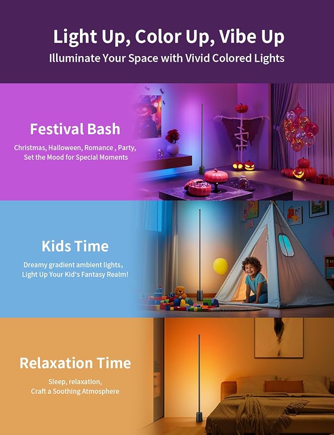 Ailofy Corner Floor Lamp, 1500lm RGBW Corner Lamp Work with Alexa & Google Assistant, 16 Million DIY Colors, Sync with Music, App Control, Modern LED Floor Lamp for Living Room & Bedroom, Black