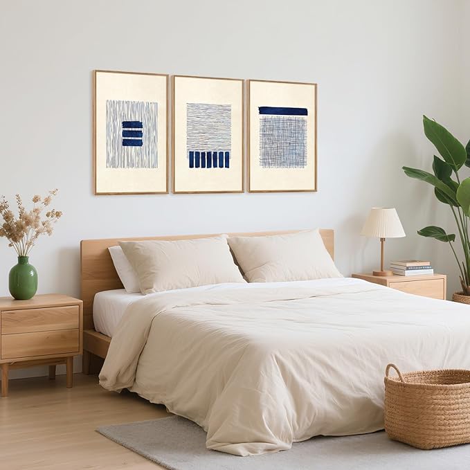 Aurlan Boho Christian Line Art Framed Wall Decor(16"x24"), 3PCS Minimalist Jesus Leavs the 99 Sheep Lamb Bible Story Canvas Artwork, Neutral Abstract Beige Navy Blue Religious Painting for Bedroom Living Room