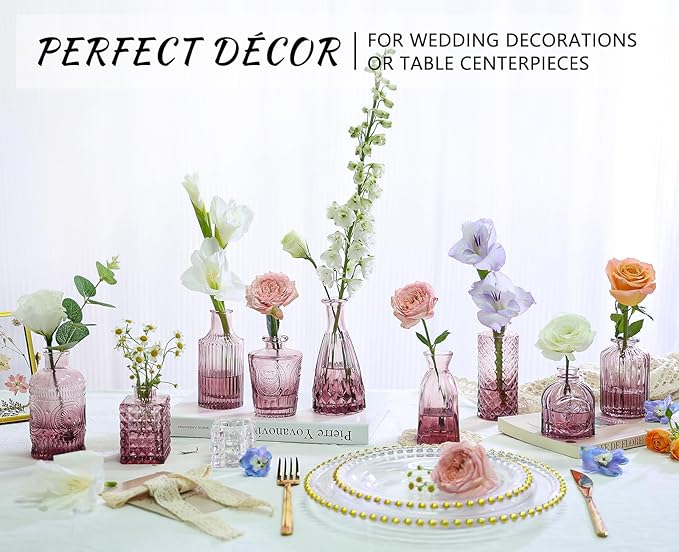12pcs Glass Bud Vase Set, Small Purple Flower Vases for Centerpieces in Bulk, Mini Vintage Vase for Wedding, Home,Table Decoration