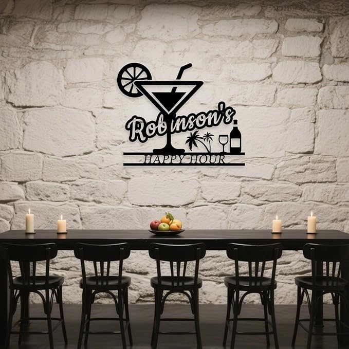 Happy Hour Metal Bar Sign - Personalized Wine Wall Art, Rustic Home Bar Decor, Custom Cocktail & Wine Themed Metal Signs for Indoor/Outdoor - MADE IN USA