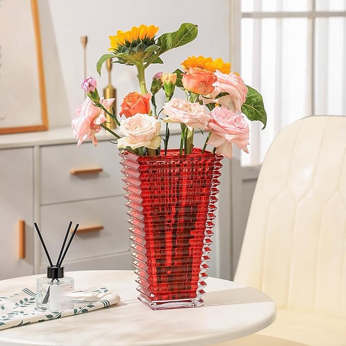 MCMCNCUIU Crystal Glass Vase, Large Crystal Vases for Flowers, Large Flower Vase, Red Modern Vases for Living Room, Bedroom, Kitchen, Dining Table, Mantle, Wedding, 11 Inches