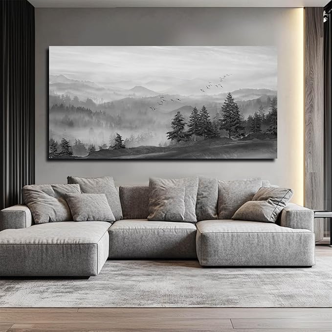 SOUGUAN Grey Wall Decor Foggy Mountain Wall Art Tree and Bird Pictures Artwork for Walls Living Room for Bedroom Kitchen Dining Room Home Office 30x60 Inch