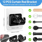 12PCS Self Adhesive Curtain Rod Holder, No Drill Curtain Rod Brackets, Nail Free Adjustable Curtain Rod Hooks, Curtain Rods No Drilling for Windows Home Kitchen Bedroom Hotel (Black)