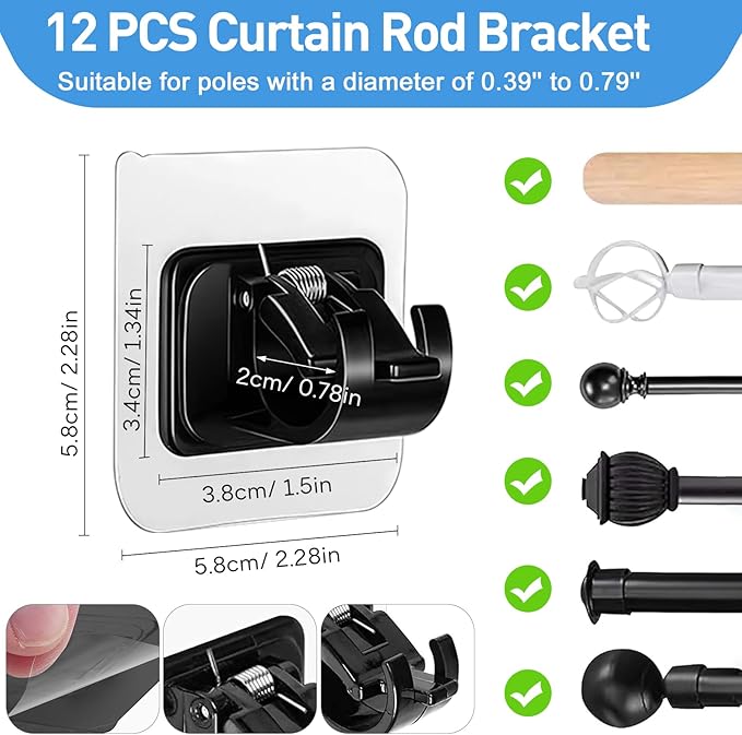 12PCS Self Adhesive Curtain Rod Holder, No Drill Curtain Rod Brackets, Nail Free Adjustable Curtain Rod Hooks, Curtain Rods No Drilling for Windows Home Kitchen Bedroom Hotel (Black)