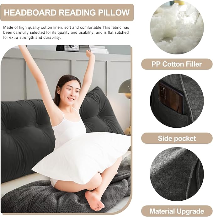 Large Triangular Headboard Pillows Long Backrest Positioning Support Bolster Cushion for Daybed Fluffy Quality Plush Body Wedge Pillow with Removable Cover(Black-Queen-59x8x20in)