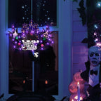 Lighted Halloween Wreaths for Front Door, Welcome Metal Wooden Door Wreath Decor Hanging Sign, 30 LED Lighted Wall Decor Battery Operated for Halloween Indoor Outdoor (Witch)