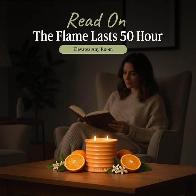 Scented Luxury Candles in Handmade Ceramic Jars, Soy Wax | Orange Blossom – Orange & Mimosa, Large Candle | Non Toxic, 2 Wicks, Reusable Big Orange Jar | Natural Spring Aromatherapy for Women & Men