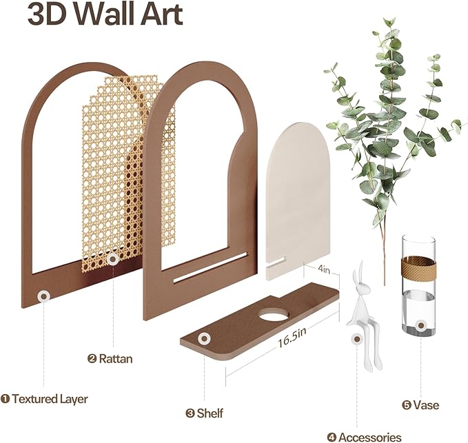 Troartos 3D Textured Boho Abstract Wall Art with Vase, Off-White and Brown Wall Decor with Rabbit Decoration, Neutral Rattan Artwork for Living Room Hallway Dining Room Bedroom Office, 24x24 In
