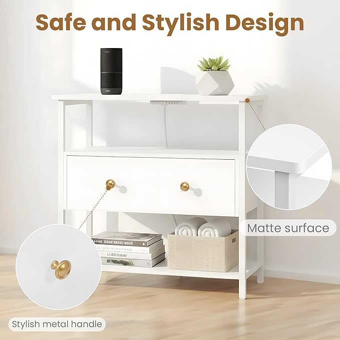 27 Inch Wide Night Stand with Charging Station, Wood Nightstand with Open Shelf, Large Drawer Bedside Table for Living Room/Bedroom/Office (White)