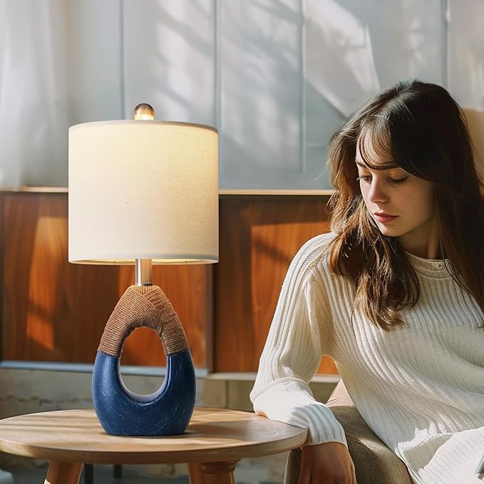 OYEARS 19" Table Lamp for Living Room,Boho Lamp for Bedroom, Bedside for Nightstands, Suitable for Small Space,Coastal Farmhouse, End Table, Rattan Nautical Beach Style, Blue,1 Pack