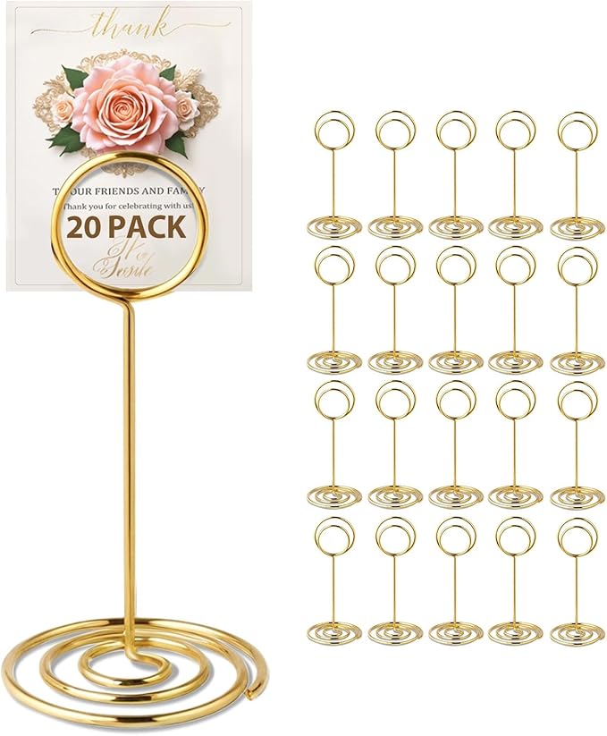 20 PCS Table Number Holder Table Card Holder Cards Stand Name Menu Clips Picture Holder (Gold)
