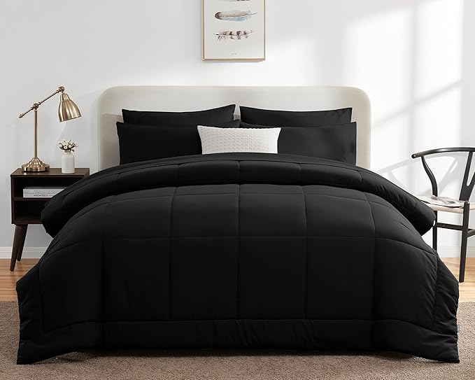 CozyLux California King Comforter Sets Black, 7 Pieces Cal King Bed in a Bag, All Season Bedding Sets with Stitch Quilted Comforter, Flat Sheet, Fitted Sheet, Pillowcases