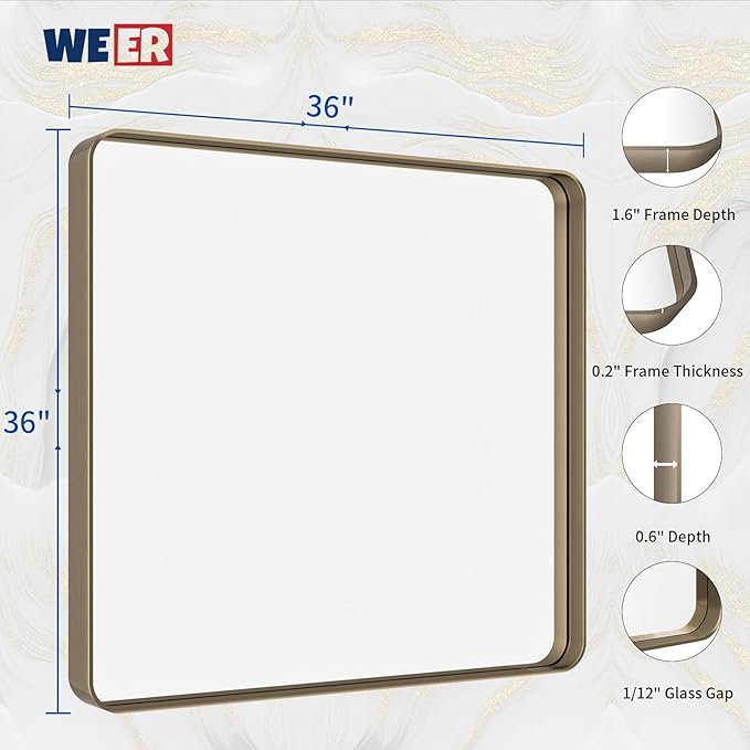 WEER Bronze Bathroom Mirror 36x36 Inch, Farmhouse Oil Rubbed Frame for Wall, Aluminum Alloy Brushed Metal, Vanity, Tempered Glass, Anti-Rust (Horizontal/Vertical)