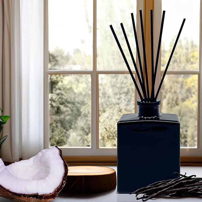 Urban Naturals Mahogany Coconut Reed Diffuser Oil Set – Mahogany, Coconut, Sandalwood, Vanilla & Oakmoss – 5 Ounce Sleek Black Rectangular Refillable Glass Bottle – Made in The USA