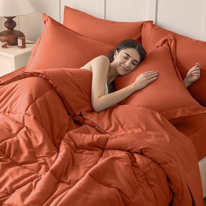 JOLLYVOGUE Full Comforter Set, Ultra-Soft Bed in a Bag Full Size 7 Pieces, Oeko-TEX Certified Bedding Set with Down Alternative Comforter, Sheets, Pillowcases & Shams, Burnt Orange