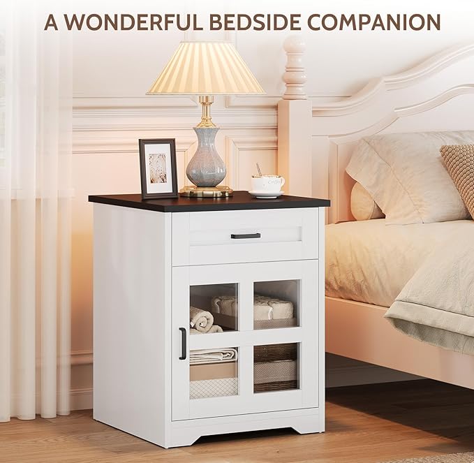 Farmhouse End Table with Drawer, 18" Large Side Table with Storage Cabinet and Acrylic Door, Wood Nightstand Bedside Table for Living Room, Bedroom (White)