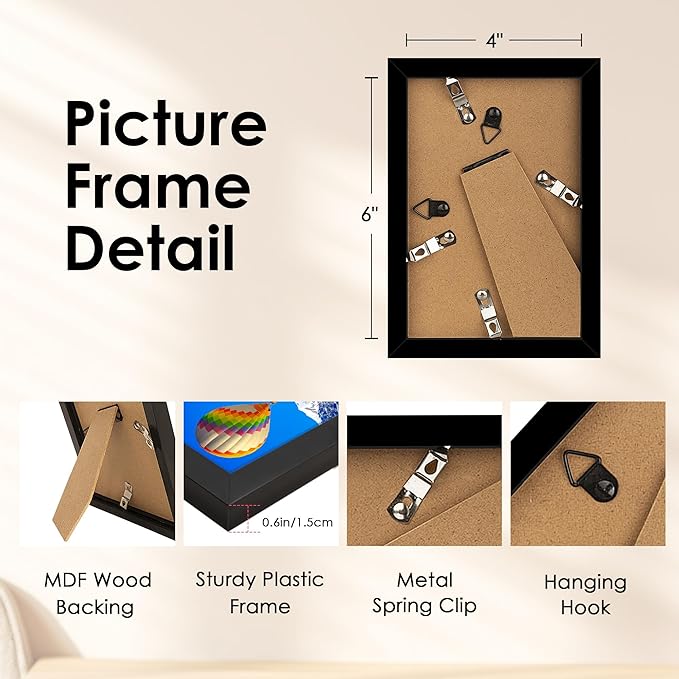 FIXSMITH 4x6 Picture Frame, Black Photo Frames with HD Plexiglass for Wall Hanging or Tabletop Display, 1 Pack