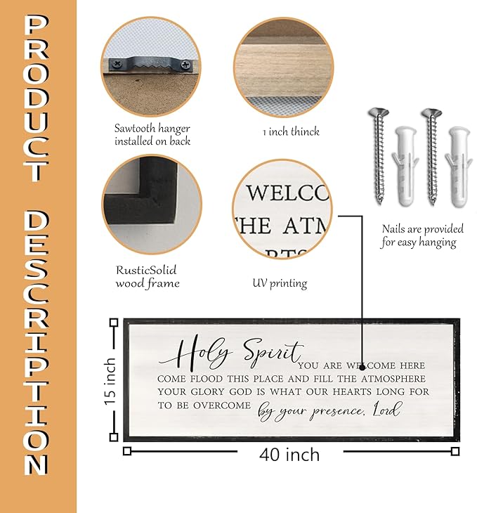 Holy Spirit You are Welcome Here Wall Decor Art 40x15 Inch Large Christian Song Bible Verse Plaque Wood Framed Sign Living Room Scripture Quote Religious For Office Wall Hanging (Black)