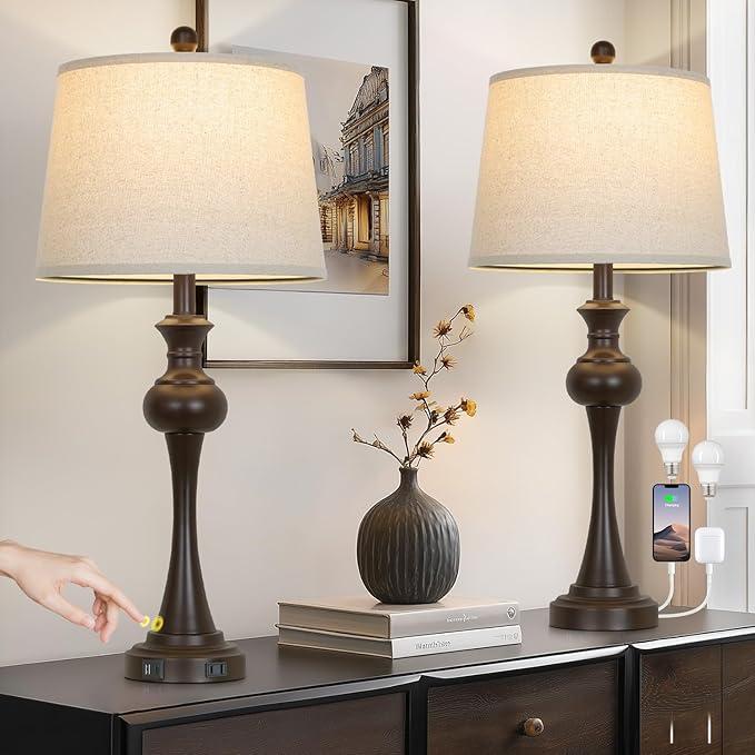 29" Brown Table Lamps Set of 2, Tall Bedside Lamps with USB C+A Ports, 3-Way Dimmable Touch Table Lamp, Nightstand Lamps for Bedroom,Modern Brown Lamps with Beige Lampshade, Bulbs Included