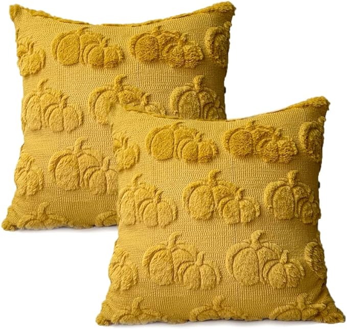 Booque Valley Fall Decorative Pillow Covers Set of 2 20 x 20 inch Soft Plush Faux Fur Wool Pumpkin Throw Pillowcases for Autumn Halloween Farmhouse Home Decor, Mustard Yellow
