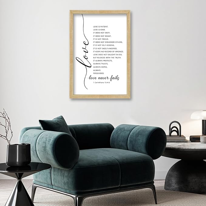 FZMHASLWW Love Is Patient Kind Wall Decor 24"×16" Love Never Fails 1 Corinthians 13 Bible Verse Sign Large Wood Framed Wall Hanging Art (Wood)