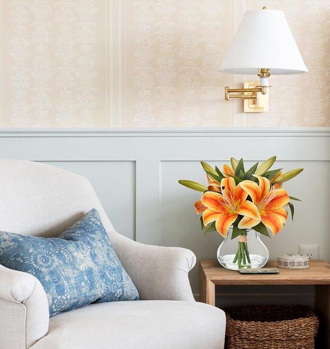 Hollyone Tiger Lily Fall Flowers Artificial for Decoration in Vase Real Touch Orange Autumn Silk Faux Flowers Arrangements with Glass Vase with Fake Water Lily Centerpiece Fall Decorations for Home