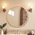 Wavy Mirror 27.5x27.5 Inch, Decorative Bathroom Mirror with Natural Wood Frame, Entry Way Mirrors for Wall, Shatterproof Glass, Mirrors for Wall Decor