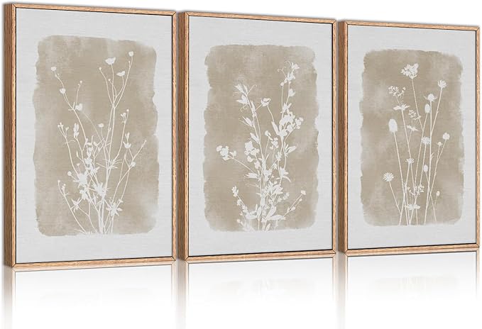 HPINUB Large Boho Wildflowers Canvas Framed Wall Art Set,Minimalist Vintage Flower Wall Decor,Beige Floral Botanical Artwork for Living Room Bedroom,Dining Room,Office -24"x36"x3