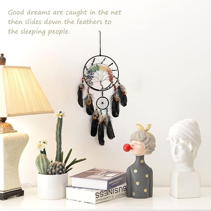 7 Chakras Black Tree of Life Dream Catchers Wall Decor with Rainbow Healing Crystal Stone Handmade Art Feather Dreamcatcher Wall Hanging Ornament for Bedroom Decor Blessing Gift Wedding Party-23.6"