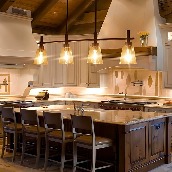 Black Kitchen Island Lighting Linear Chandeliers with Glass Shades Hanging Farmhouse Pendant Light Fixtures for Dining Room, 4 Lights