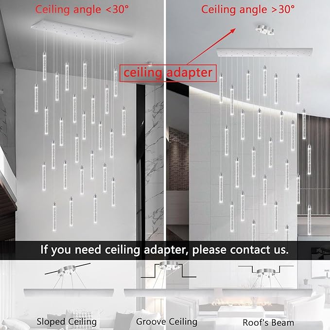 Rectangular Chandeliers 26-Lights Long Light for Entryway LED Dimmable Chandeliers Lighting Fixture Flat Sloped High Ceiling Pendant Lights Crystal for Living Room Foyer Hallway Staircase Silver