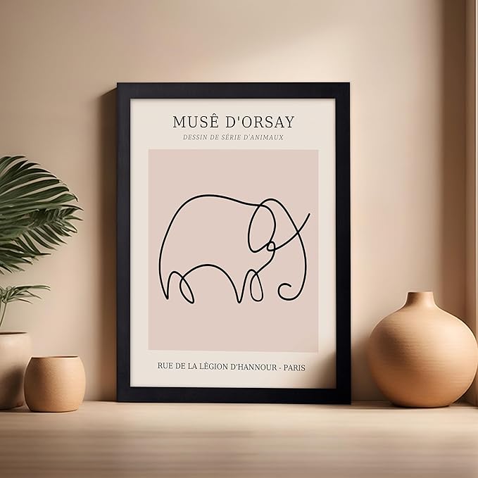 Poster Master Vintage Poster - Retro One Line Elephant Drawing Print - Elephant Art - Minimal Gift for Men, Women, Animal Lover - Abstract Wall Decor for Home, Office, 16x20 Black Framed