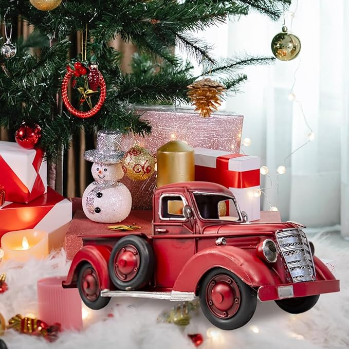 Berfutall-11'' Iron Classic Red Truck Pick-up Model Collectible Vehicle Decoration, Metal Truck Christmas Decor ，Unique Blend of Vintage, Rustic, Farmhouse Truck Decor for Table Top Decor. (H)