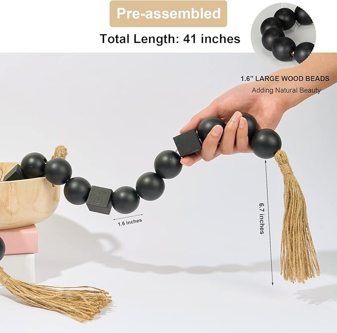 OMISHE Black Extra Large Wood Bead Garland with 1.6" Diameter Wooden Beads and Tassels, 41.5" Long Rustic Farmhouse Country Boho Decorative Beads for Home Decor Tiered Tray Decor