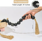 OMISHE Black Extra Large Wood Bead Garland with 1.6" Diameter Wooden Beads and Tassels, 41.5" Long Rustic Farmhouse Country Boho Decorative Beads for Home Decor Tiered Tray Decor