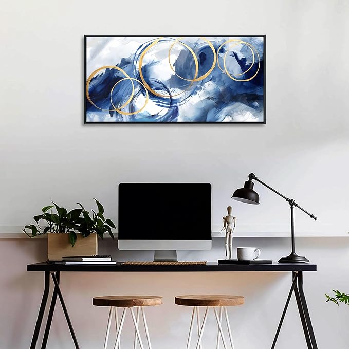 AJAZIKO Blue Abstract Wall Art Modern Navy Blue and Gold Pictures for Living Room Paintings Office Artwork Wall Decor Framed Canvas Wall Art Bedroom Wall Decor Above Bed 20×40IN