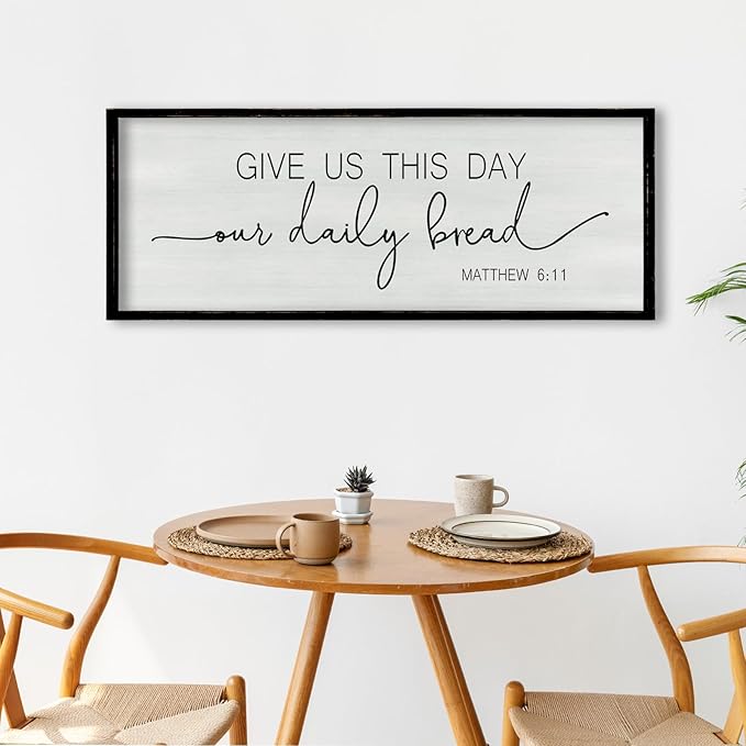 ZZJJHYWGQ Give Us This Day Our Daily Bread Sign 32"×12" Rustic Kitchen Dining Room Wall Decor Farmhouse Scripture Matthew 6:11 Religious Wall Art Bible Verse Christian Quotes Catholic Plaque (Black)