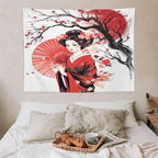 Japanese Red Geisha Tapestry Asian Cherry Blossom Traditional Kimono Folk Tapestries Home Decor for Living Room Bedroom Apartment Farmhouse Dorm 40"x30"