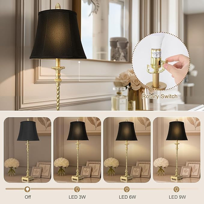 33'' Tall Vintage Table Lamp Set of 2, Candle Stick Buffet Lamps with Gold Leaf Finish and Black Linen Shades, 3-Way Dimmable Bulbs Included, Nightstand Lamps for Living Room Bedroom Dinning Entryway