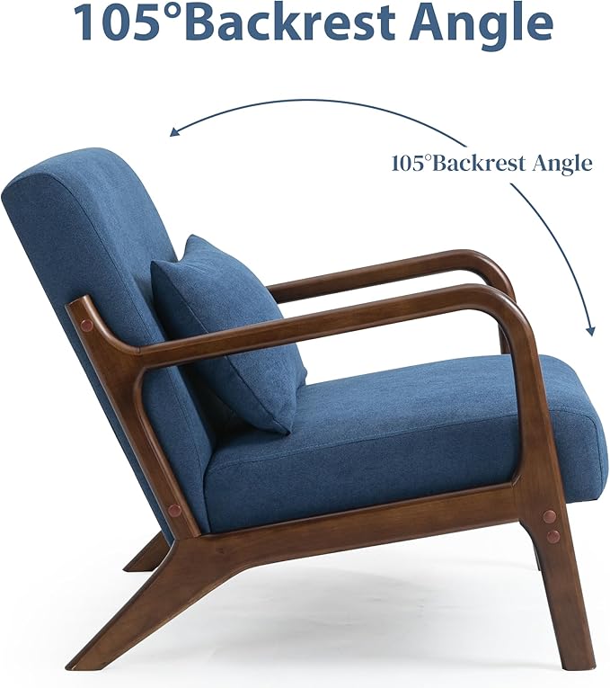 Modern Accent Chair, Cotton Linen Fabric Upholstered Lounge Armchair with Solid Wood Frame for Living Room, Bedroom, Reading Nook (Blue)