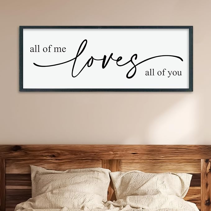 LuZhiQiang All Of Me Loves All Of You Wall Decor Art 40"×15" Master Bedroom Above Over Bed sign Love Quotes Large Framed Wooden Wall Hanging (Black)