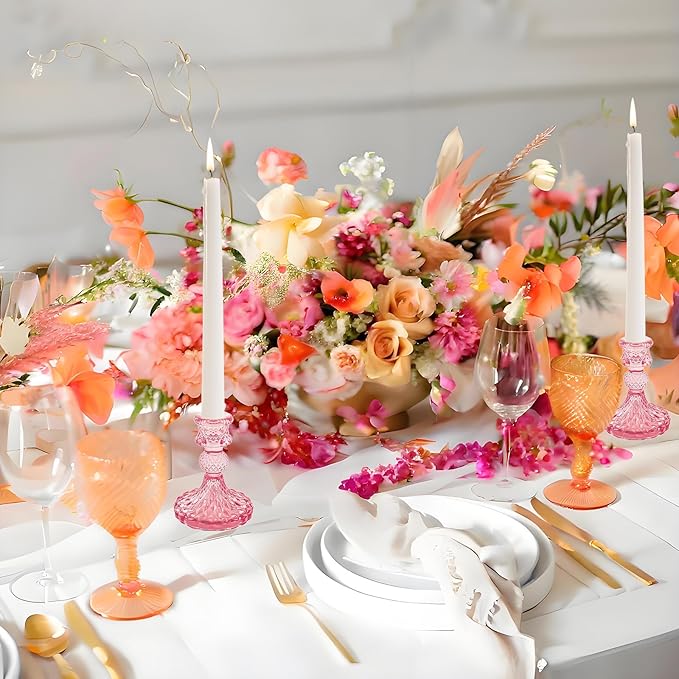 Glass Candlestick Holder,Striped Taper Candle Holders,Set of 6 Candle Stand for Table Centerpieces, Home Decor,Weddings,Festival and Parties (Peach Red Dimond)