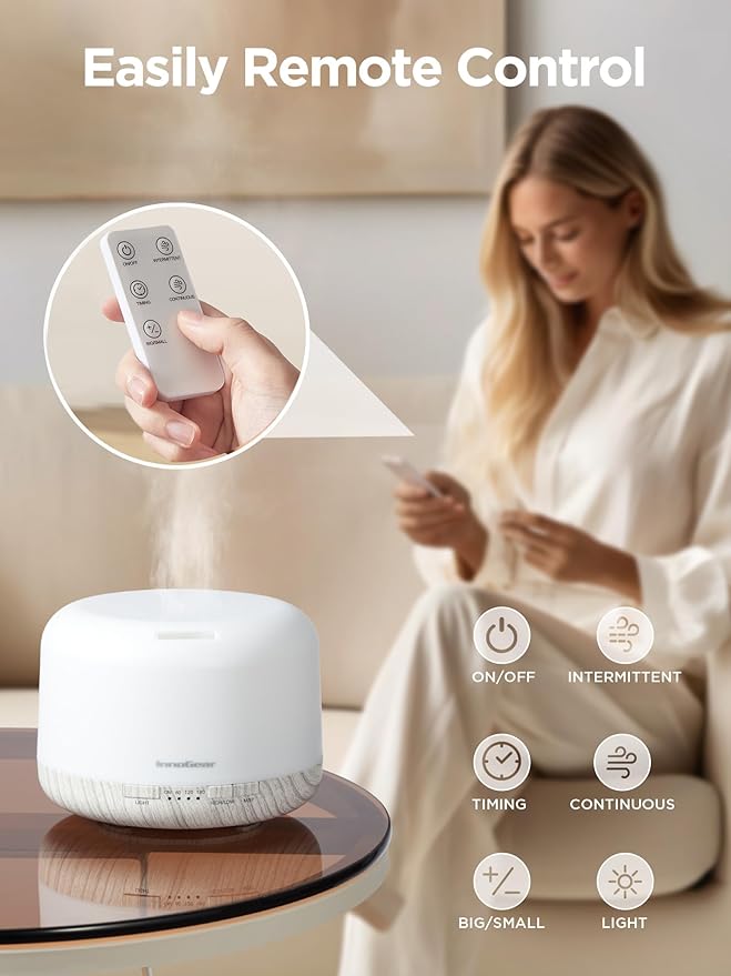 InnoGear 500ml Essential Oil Diffuser with Remote Control, Premium Ultrasonic Aromatherapy Diffusers Scent Humidifier Vaporizer Auto-Off Timer for Large Room Home, White