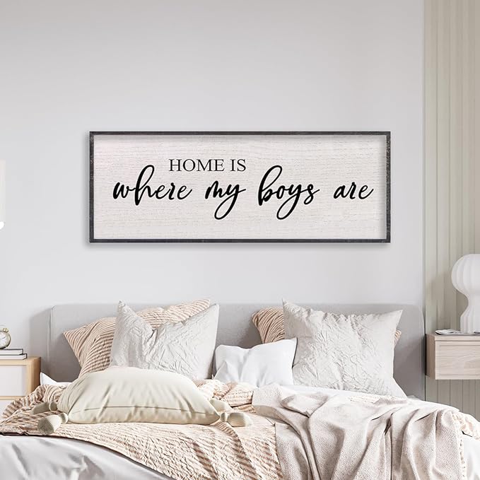 Home Is Where My Boys Are Wall Decor 40"×15" mom and her boys Sign for boys room Playroom Large Wood Framed Wall Hanging Art (Black)